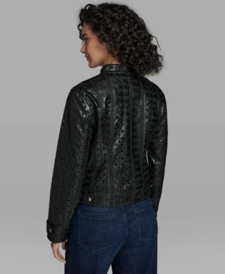 Women's Faux Leather Eyelet Zip Front Jacket