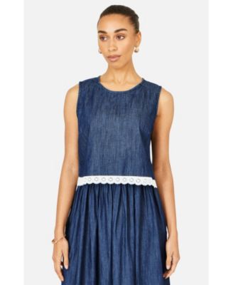 Women's Cotton Chambray Lace Trim Top