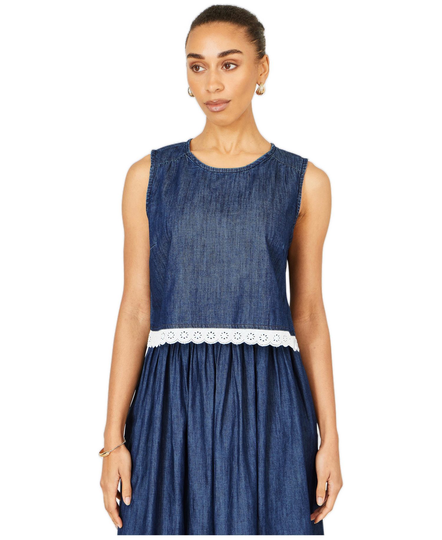 Women's Cotton Chambray Lace Trim Top