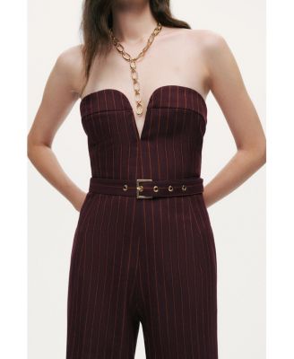 Women's Strapless Pinstripe Belted Jumpsuit