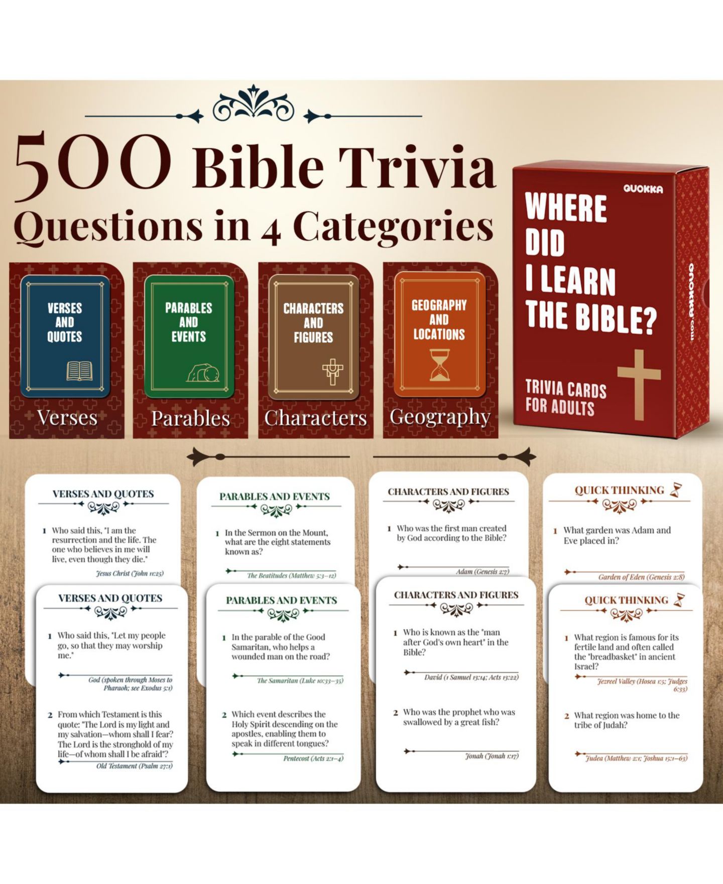 Детская карточная игра Quokka Rethink! Bible Trivia Family Card Game, 500 Cards, 14 Years & Up, цвет: 500christian — фото 2