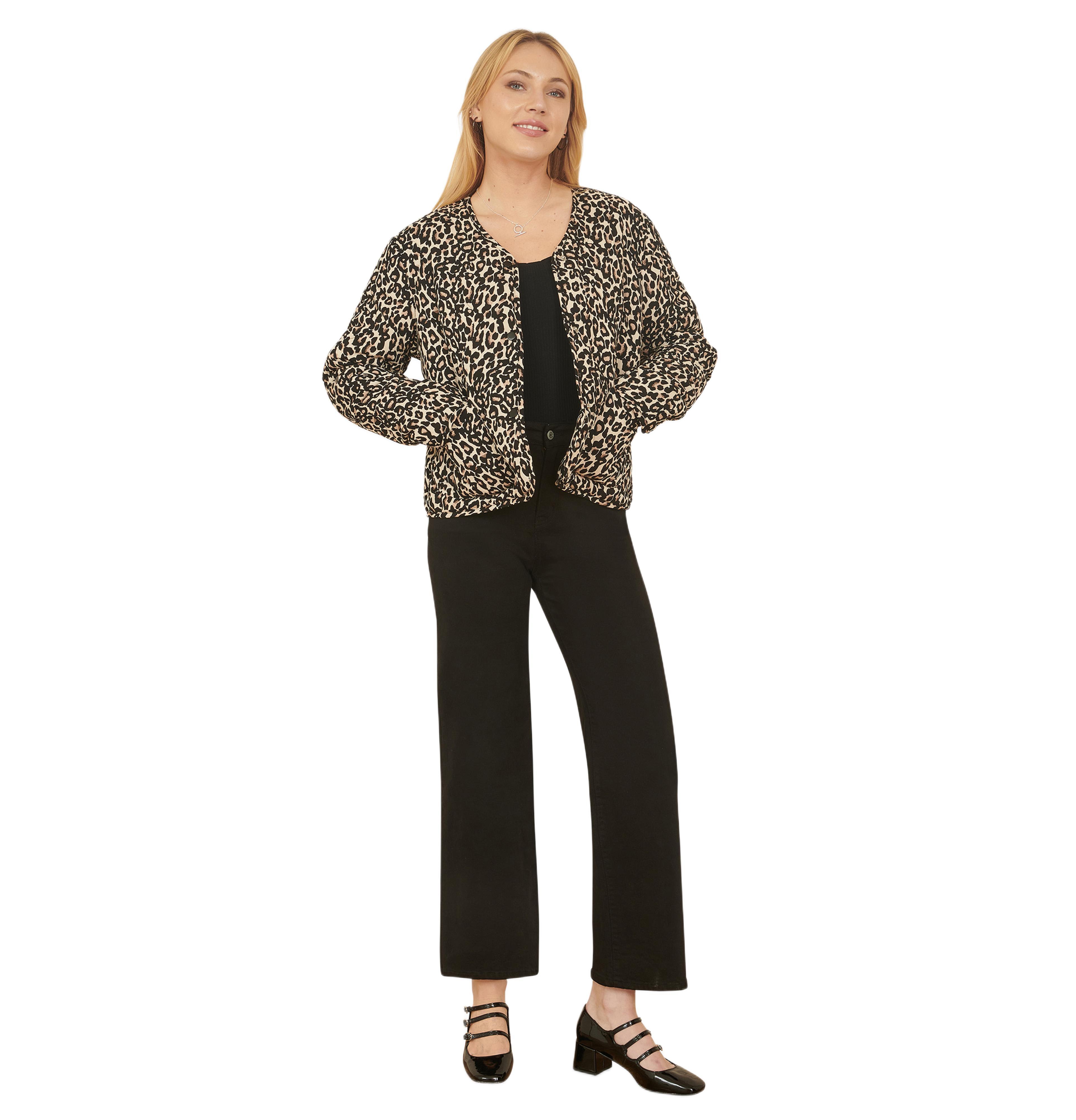 Yumi Women's Leopard Print Round Neck Boxy Jacket