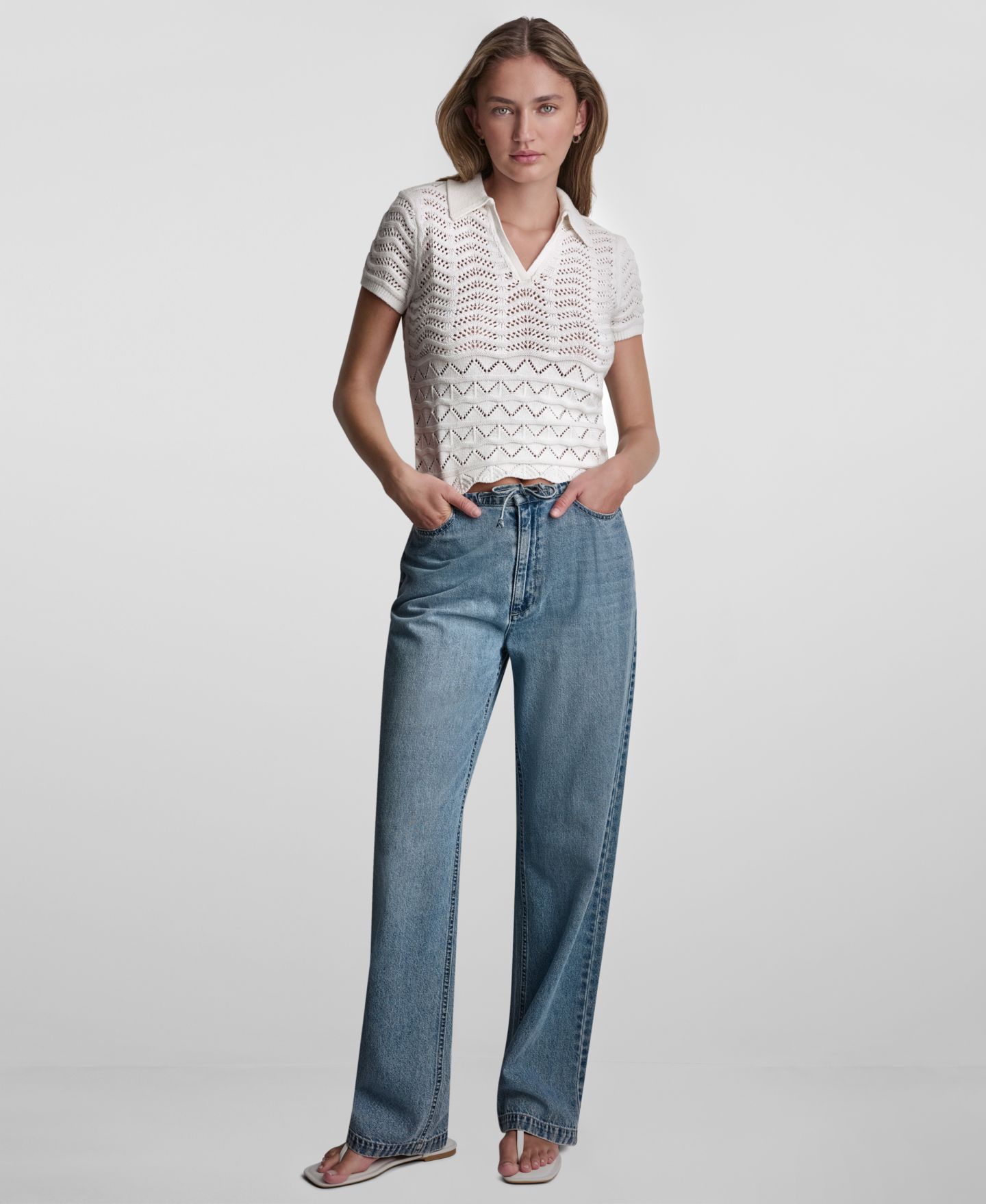 Женский свитер DKNY Jeans Petite Short-Sleeve V-Neck Polo Pointelle, цвет: Слоновая кость — фото 2
