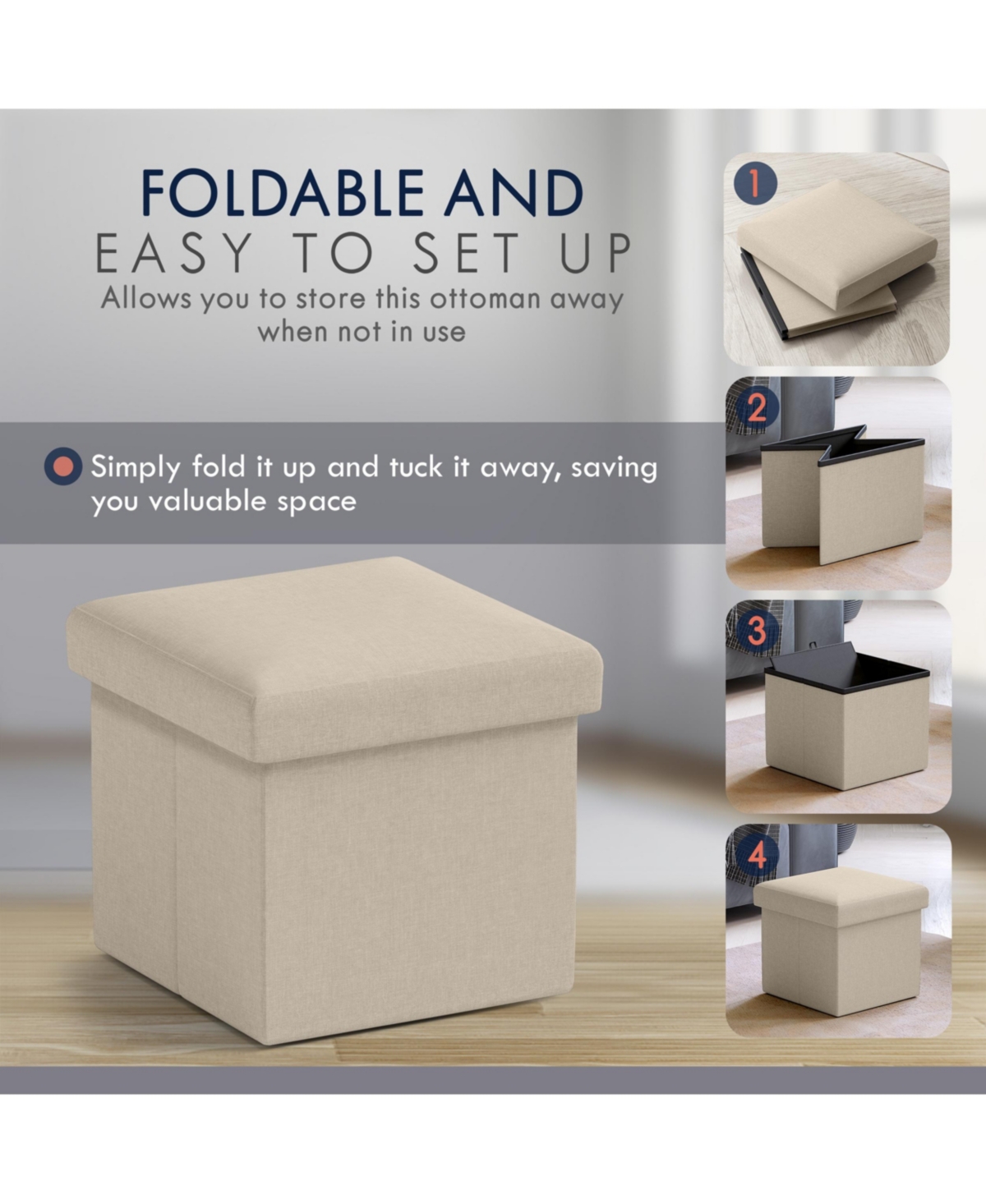 Ornavo Home Collapsible Small Footrest Square Storage Ottoman - 12 Inch