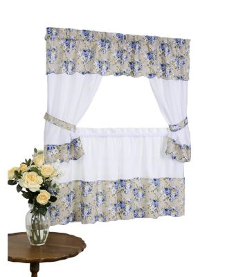 5 Piece Blue and White Floral Cafe Rod Pocket Kitchen Curtain and Valance Set