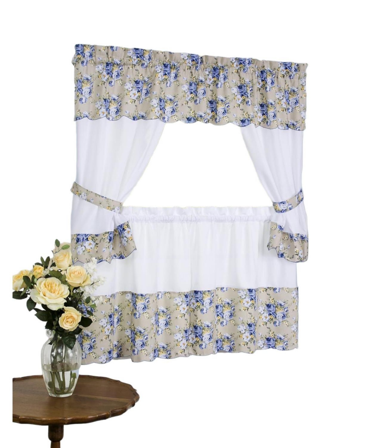 Kate Aurora 5 Piece Blue White Floral Cafe Rod Pocket Kitchen Curtain Valance Set