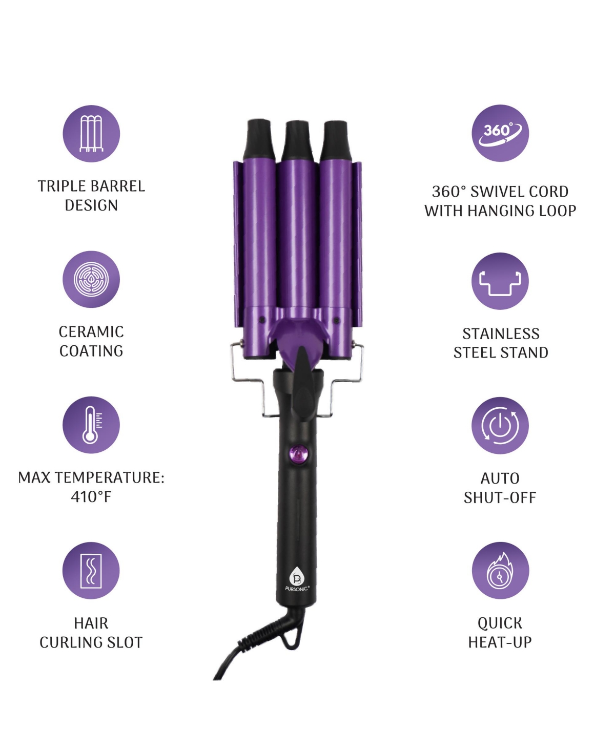 Pursonic Professional Hair Styling Trio: Triple Barrel Curler, One-Step Volumizer & Flat Iron Duo Pack