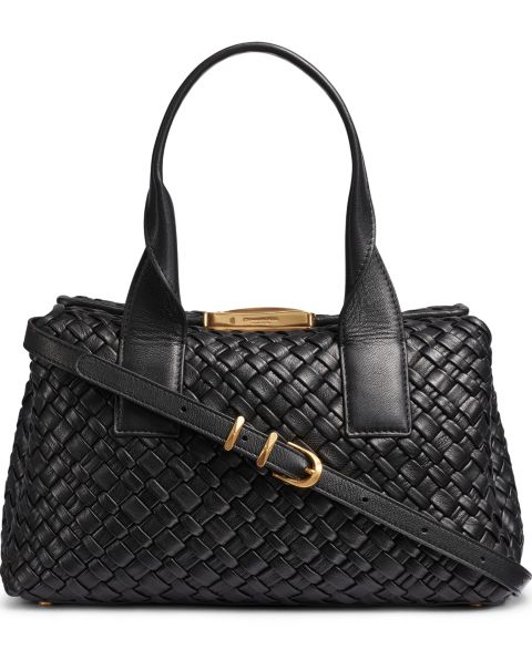 Женская сумка Donna Karan New York Amagansett Woven Leather Satchel, цвет: Чёрный / Золотой