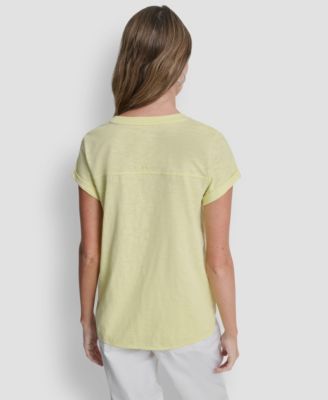 Women's Embroidered Crewneck Logo Roll-Sleeve Top