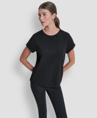 Women's Embroidered Crewneck Logo Roll-Sleeve Top