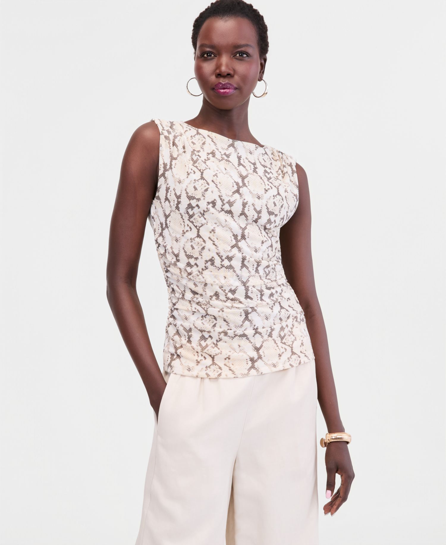 Women's Printed High-Neck Ruched Mesh Tank
