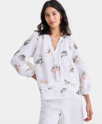 Women's 100% Linen Crochet-Trim Tie-Neck Top