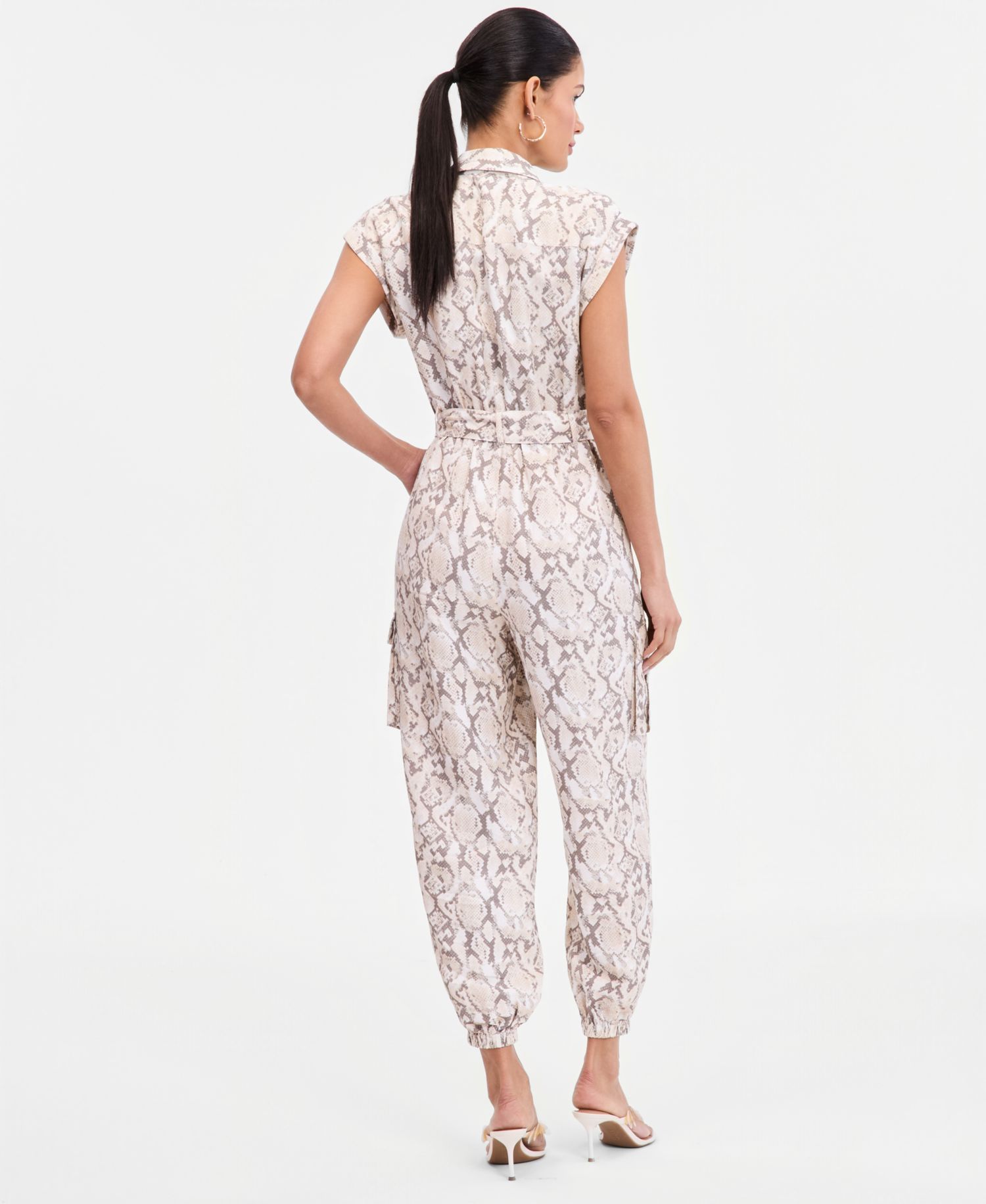Women's Short-Sleeve Snake Print Belted Jumpsuit