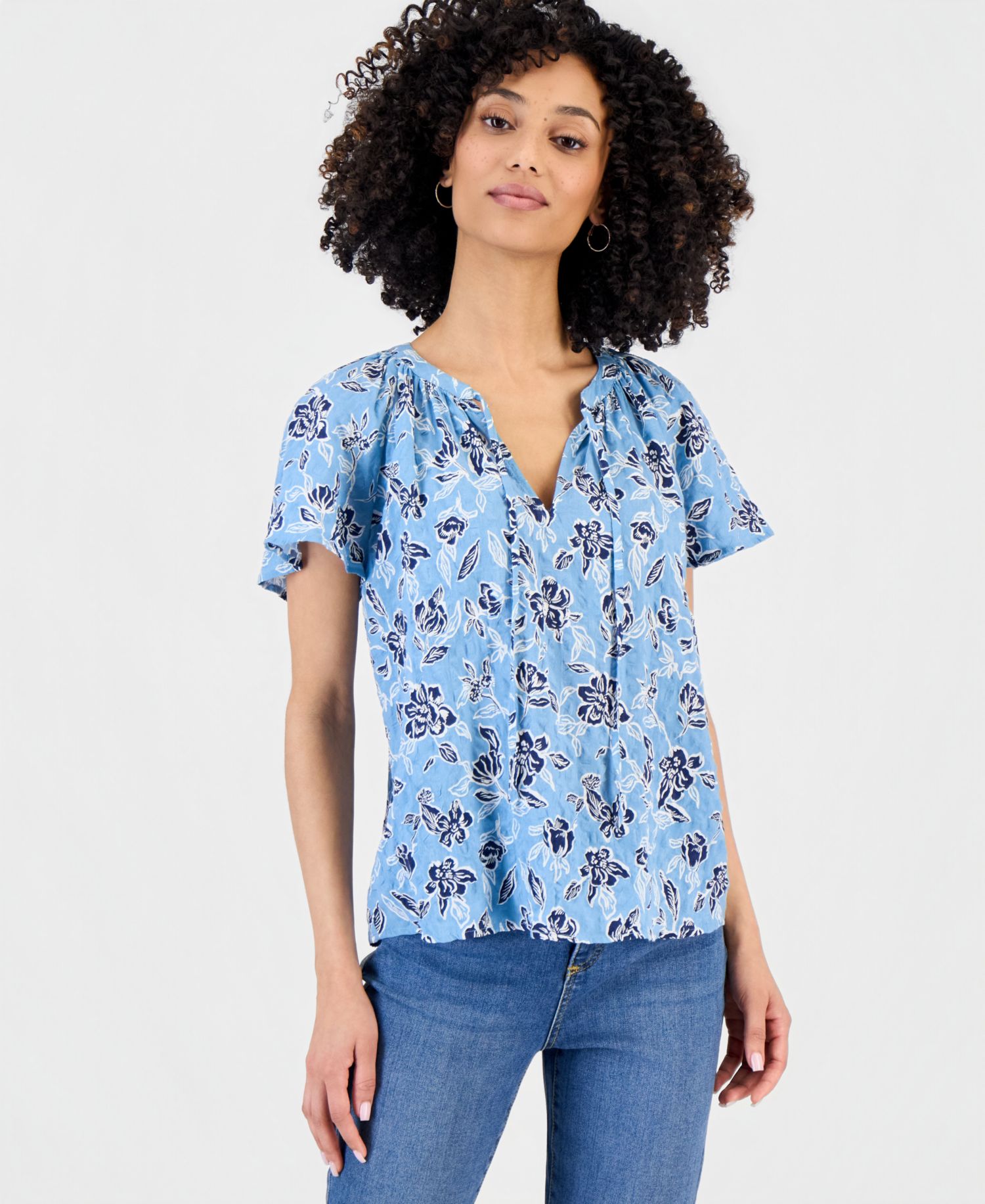 Women's Split-Neck Flutter-Sleeve Top