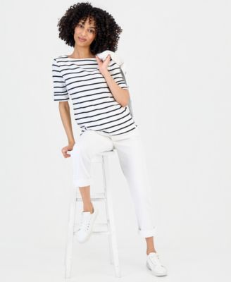Petite Boat-Neck Elbow-Sleeve Top