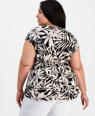 Plus Size Printed Crewneck Tie-Back Short-Sleeve Blouse 