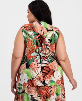 Plus Size Printed Pleat-Neck Sleeveless Top