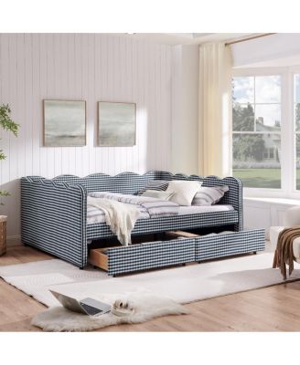 Wood Gingham Wave Shape Daybed with USB Port & 2 Storage Drawers