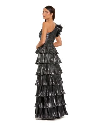 Women's Pleated Metallic Tiered Ruffle One Shoulder Gown