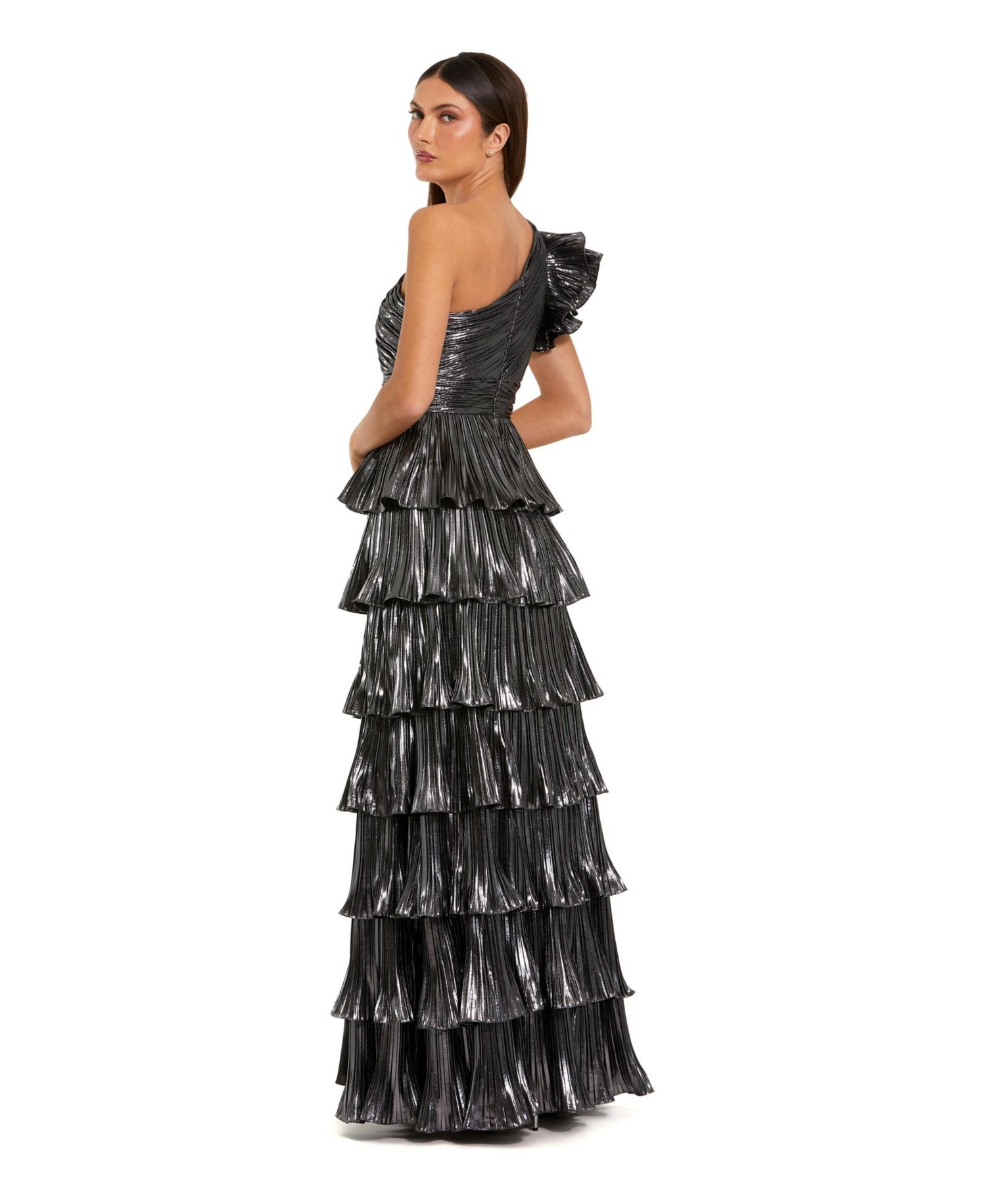 Women's Pleated Metallic Tiered Ruffle One Shoulder Gown
