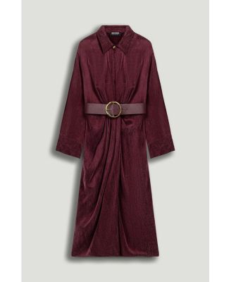 Women's Belted Draped Shirt-Collar Maxi Dress