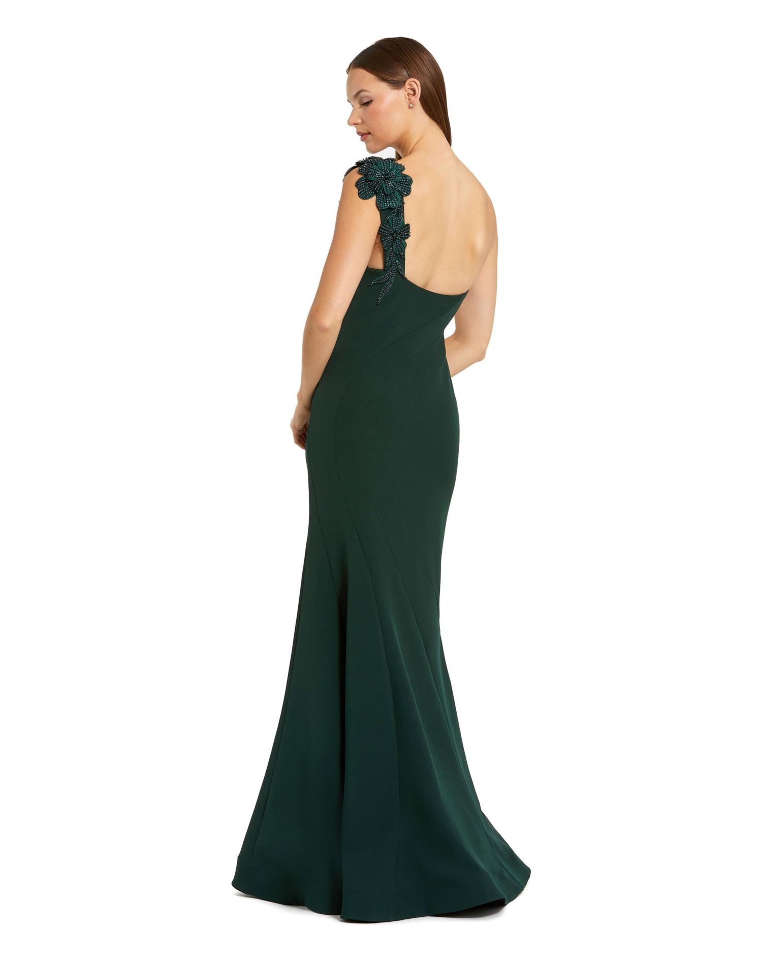 Women's Crepe One Shoulder Beaded Flower Mermaid Gown