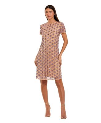Women's Mesh Beaded Cap Sleeve A Line Above Knee Dress