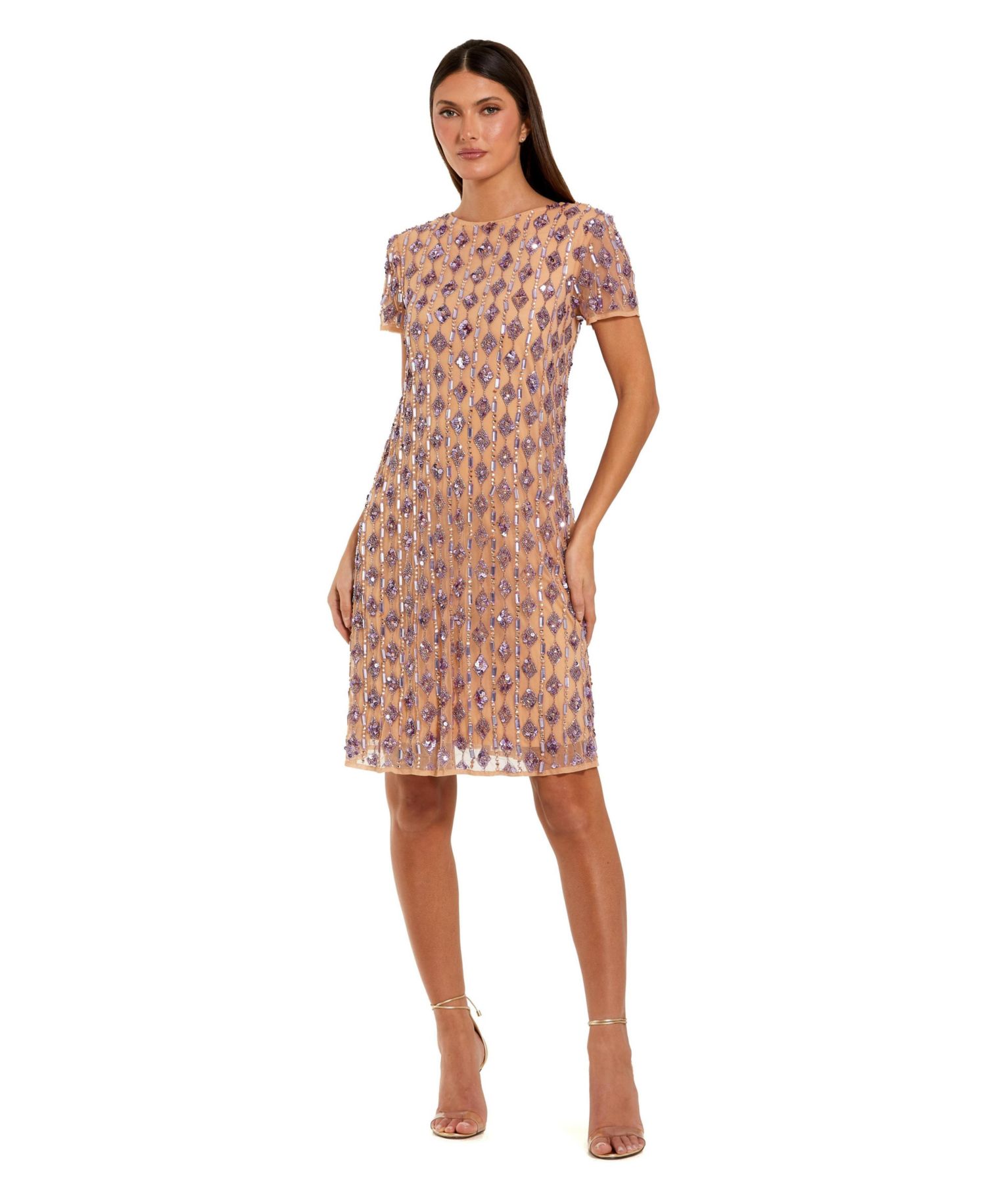 Women's Mesh Beaded Cap Sleeve A Line Above Knee Dress