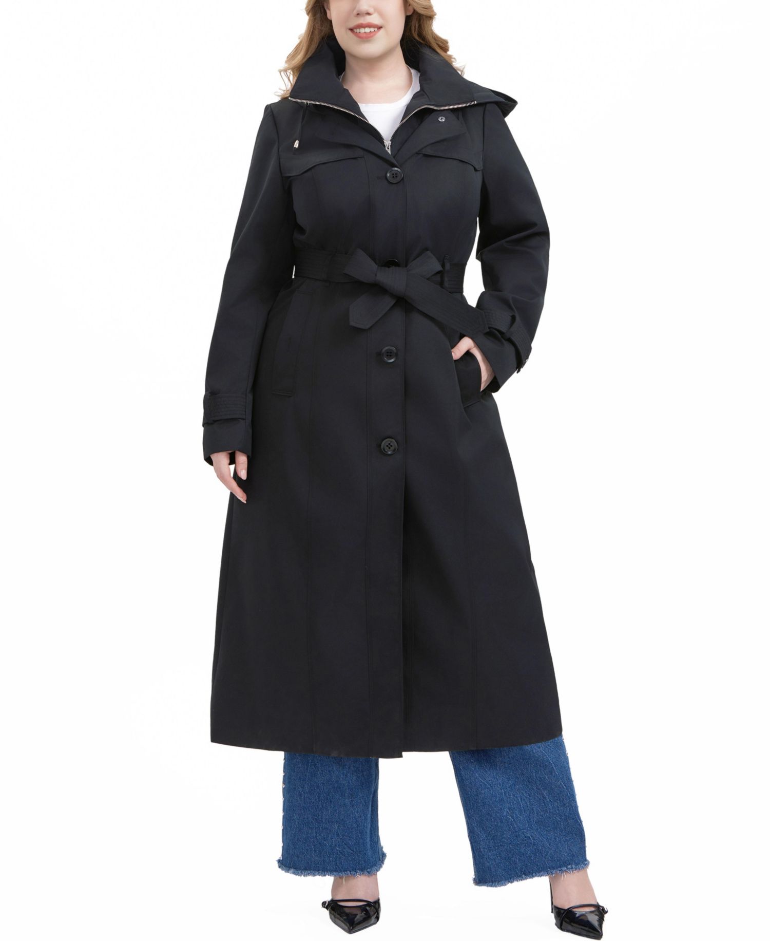 Plus Size Hooded Water-Resistant Trench Coat
