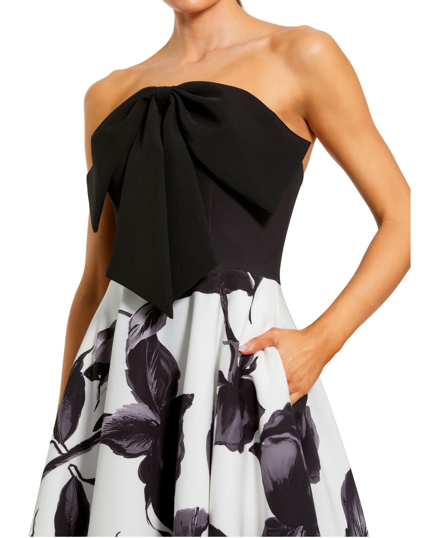 Women's Crepe Printed Strapless Midi Dress With Bow