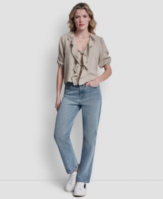 Women's V-Neck Short Puff Sleeve Tie-Front Shirt