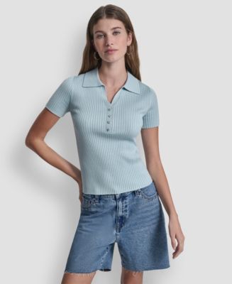 DKNY Jeans Women's Short-Sleeve Rib Collared Polo Top - Macy's