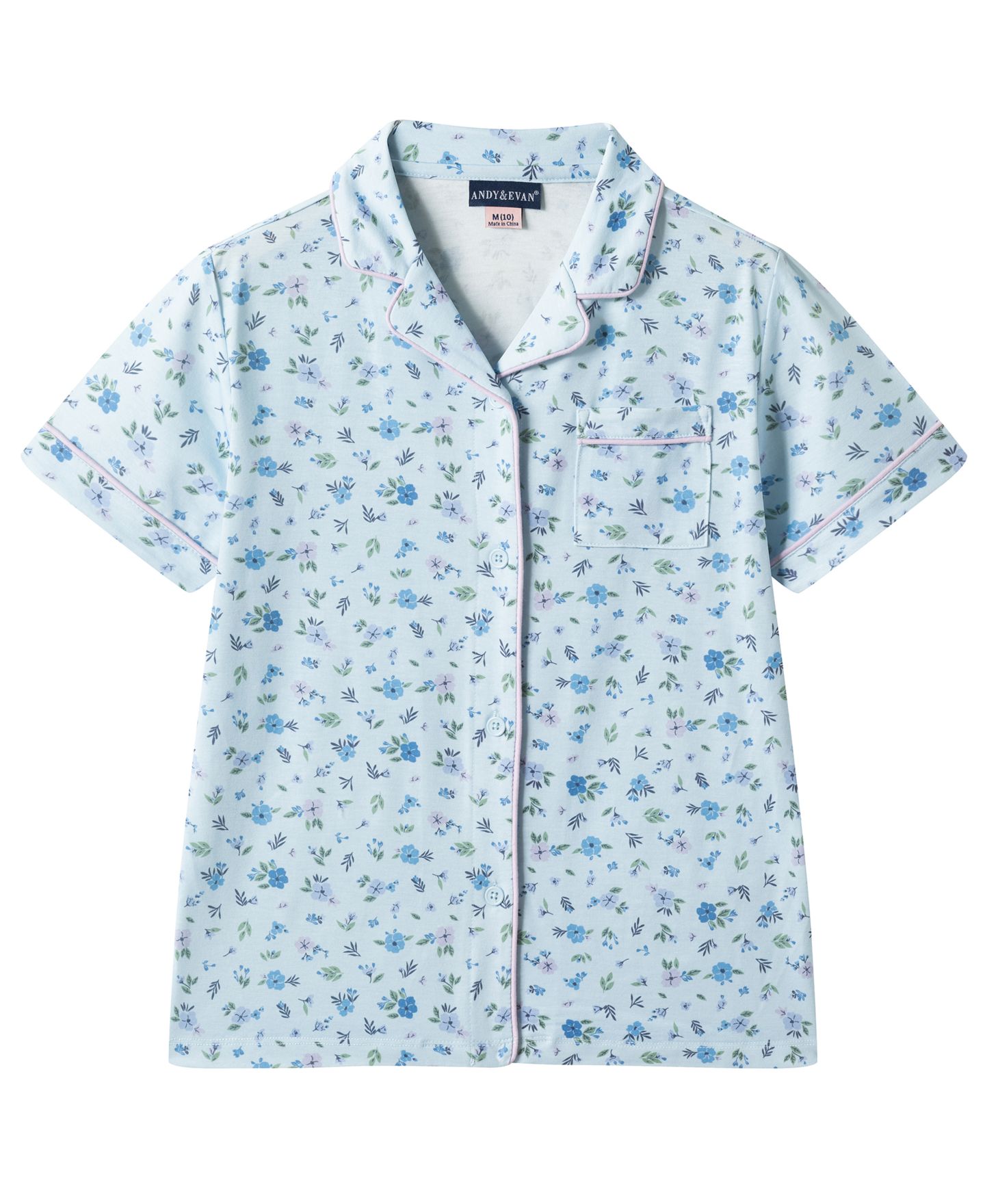 Andy & Evan Girls' 6-16 Button-Down Shirt and Shorts, 2-Piece Pajama Set, цвет: Синий с принтом — фото 3