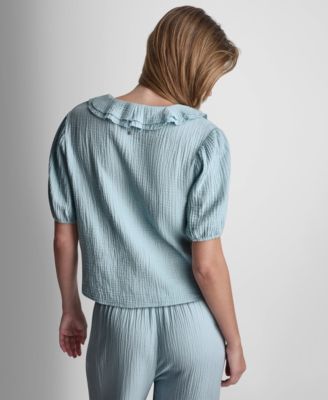 Women's V-Neck Short Puff Sleeve Tie-Front Shirt