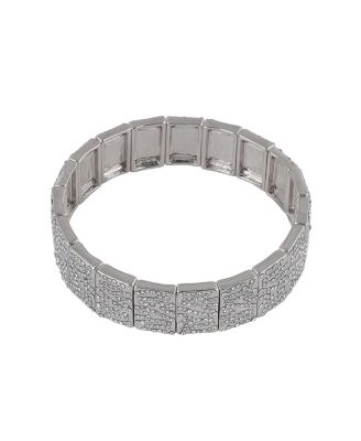 Silver Tone Tile Stretch Bracelet with Pave Crystal Stone Accents