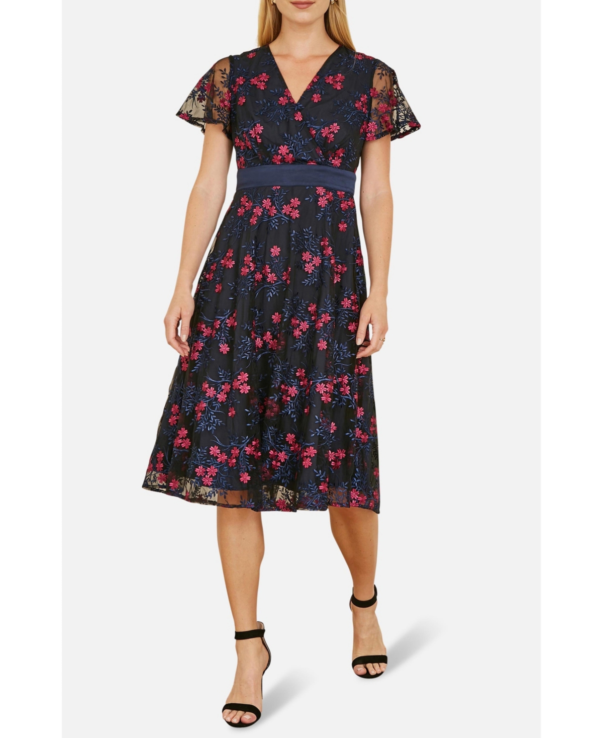 Yumi Women's Floral Mesh Wrap Midi Skater Dress