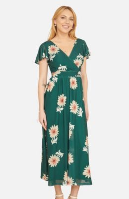 Women's Mesh Flower With Pockets Wrap Midi Dress