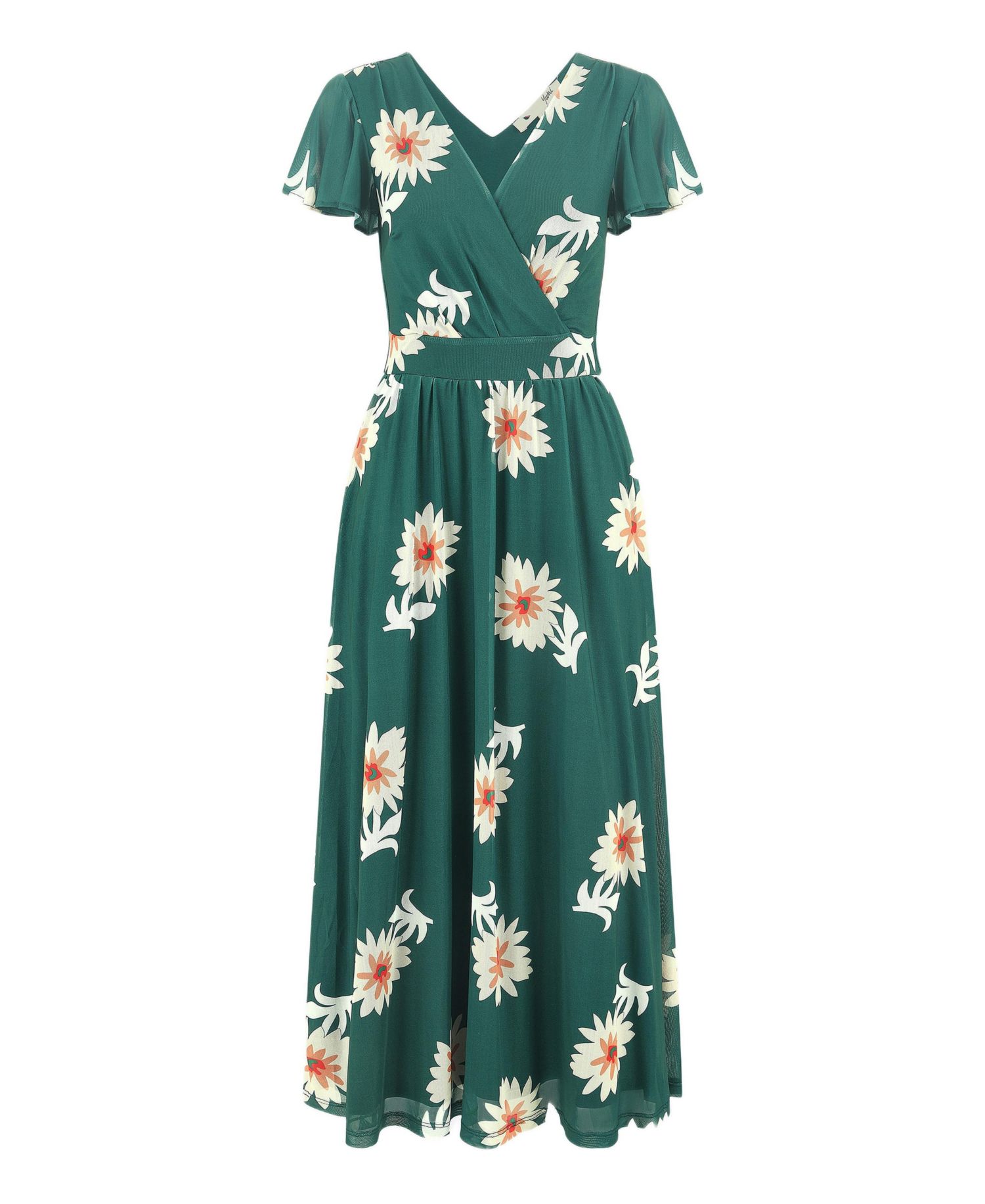 Women's Mesh Flower With Pockets Wrap Midi Dress