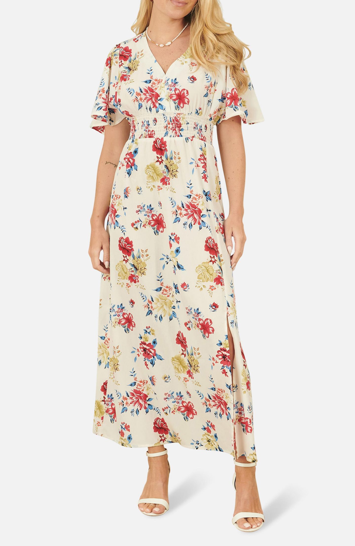 Женское платье Yumi Ruched Waist V-Neck Midi, цвет: Слоновая кость — фото 4