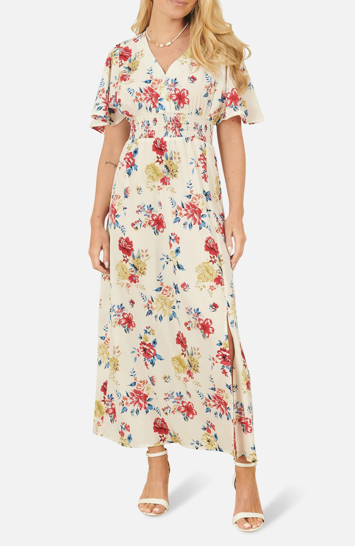 Women's Ruched Waist V-Neck Midi Dress