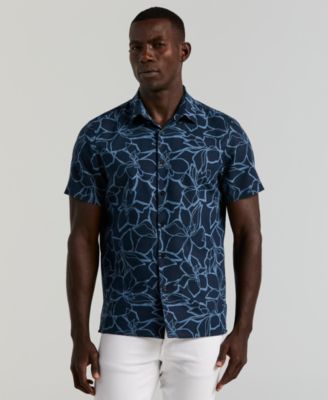 Men's Floral Print Short Sleeve Linen Blend Shirt 