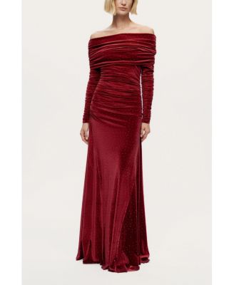 Women's Off-Shoulder Velvet Maxi Dress with Rhinestone Detail