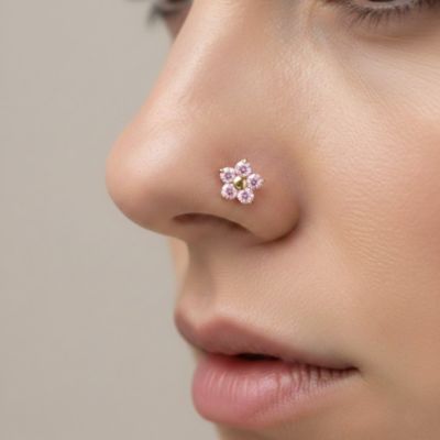 Solid 14k Yellow Gold Cubic Zirconia 3mm Flower Nose stud