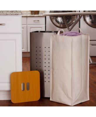 Square Metal Hamper with Engineered Wooden Lid, Stainless Steel