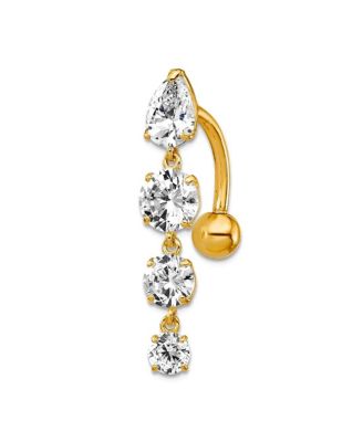 Solid 10k Yellow or White Gold 14g Graduating Pear and Round Cubic Zirconia Belly Ring Dangle 28x5mm
