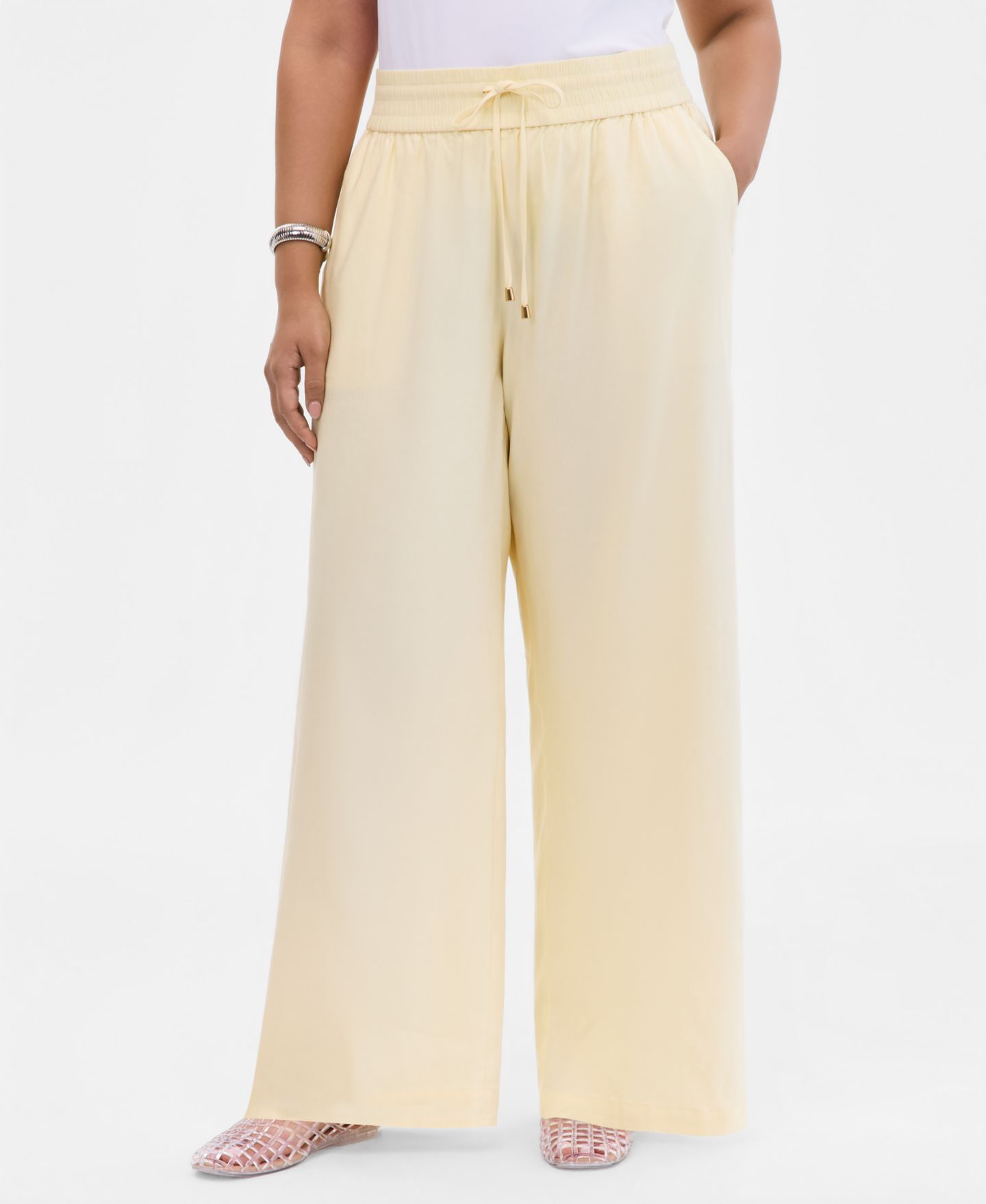 Женские брюки I.N.C. International Concepts Plus Size Solid Drawstring Wide-Leg, цвет: Жёлтый туманный — фото 3