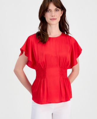 Petite Smocked Flutter-Sleeve Smocked-Waist Top
