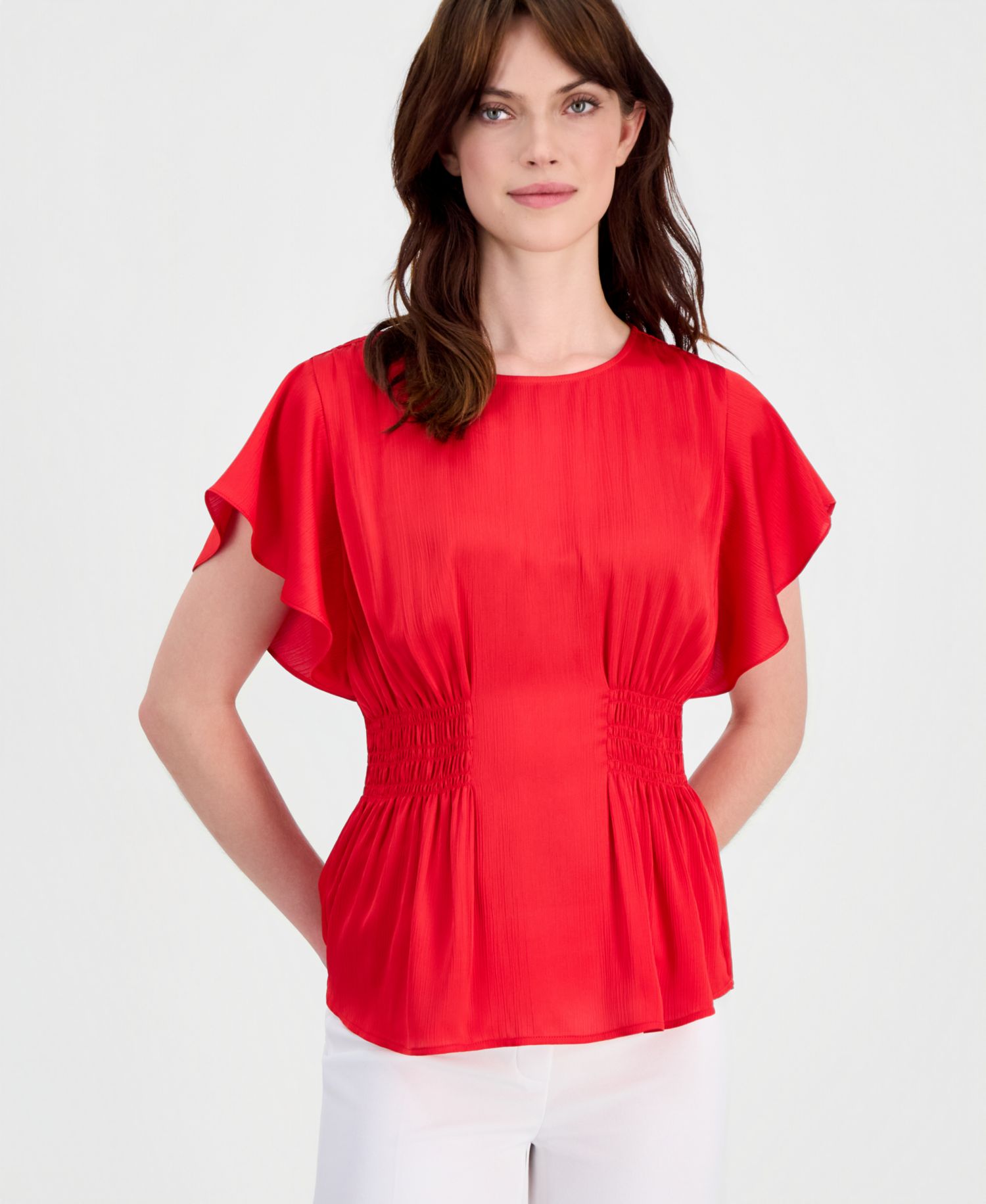 Petite Smocked Flutter-Sleeve Smocked-Waist Top
