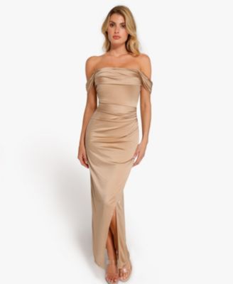Women's Shapewear Off Shoulder Shine Ruched Sculpting Maxi Dress Wedding