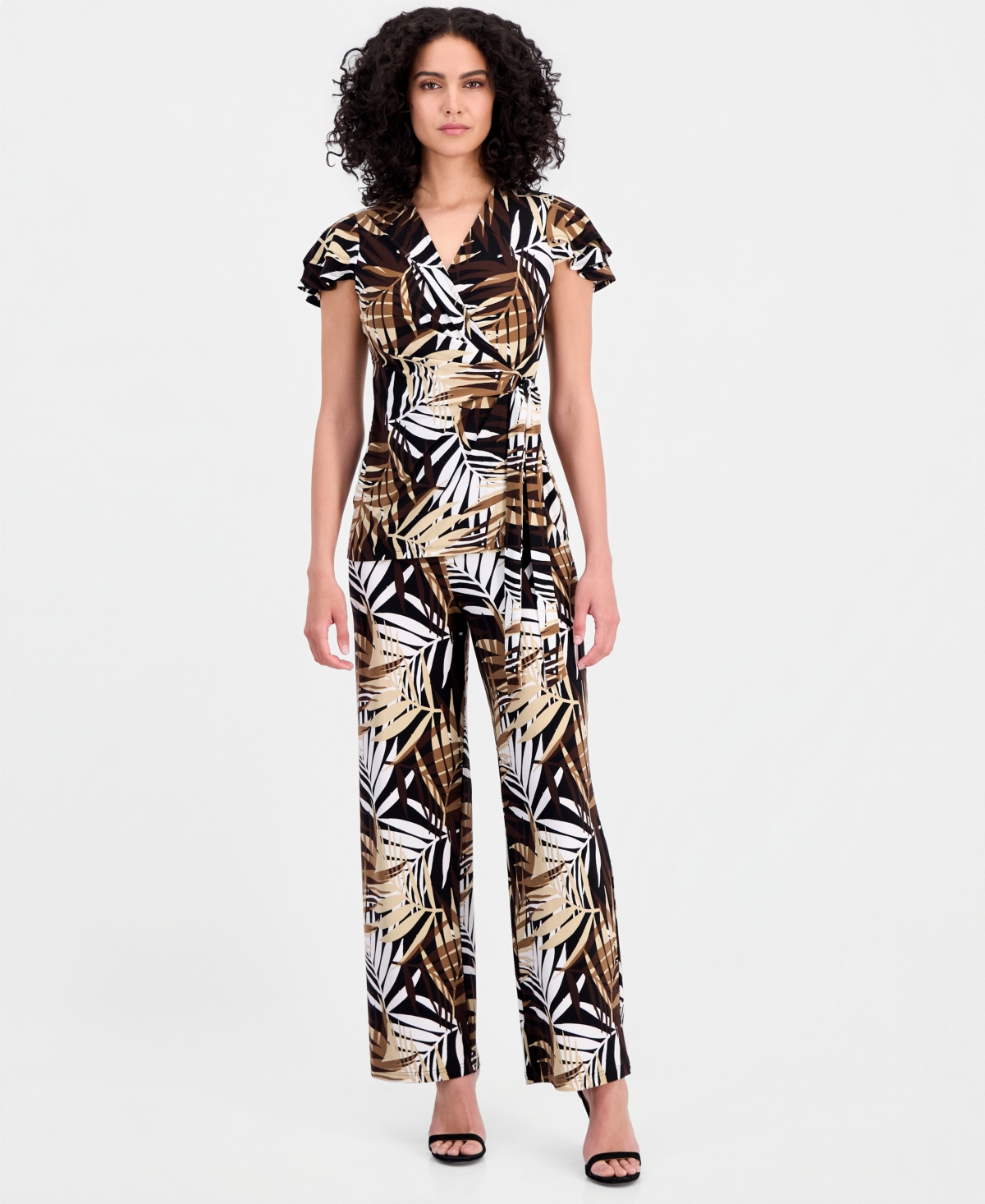 Anne Klein Women's Palm-Print Flutter-Sleeve Wrap Top